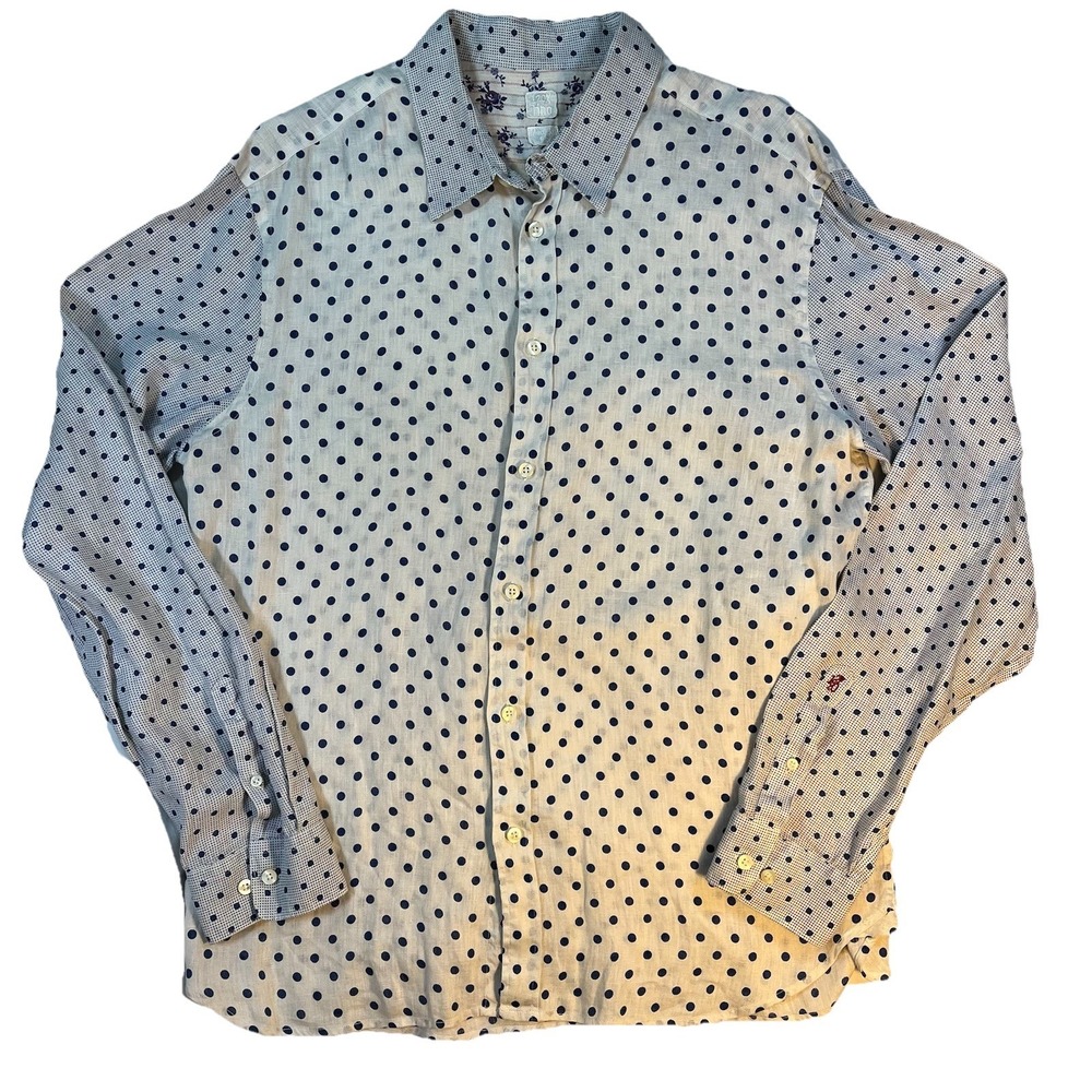 120% Lino Linen Italian Men's Polka‎ Dot Button Up Luxury